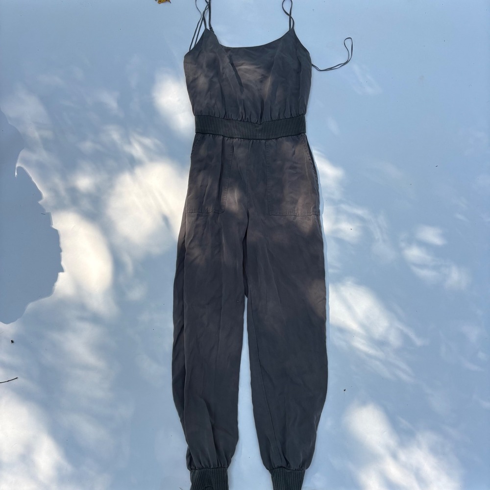 Anthropologie Charcoal Gray Lyocell Smocked Waist Jogger Jumpsuit Womens Small